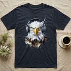 Bald eagle wearing headphones, printed on a dark t-shirt.