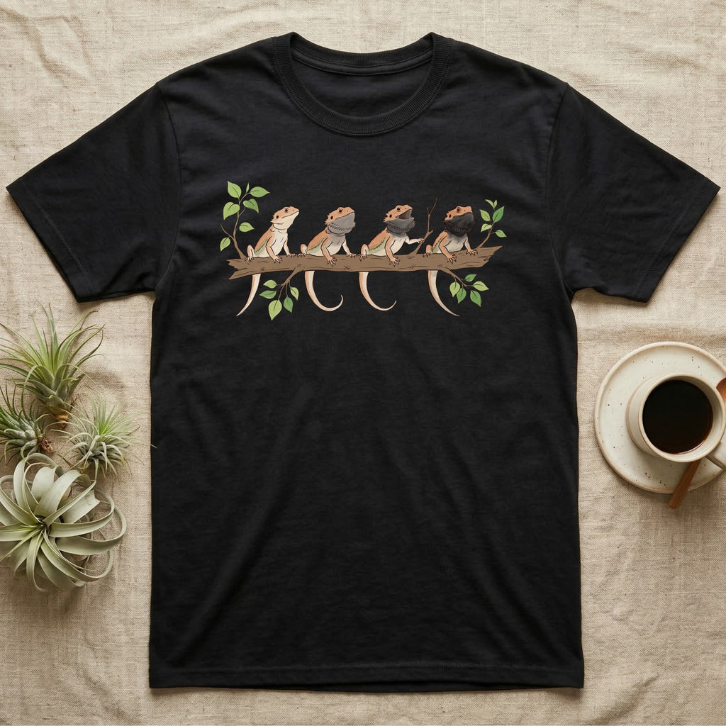 Bearded Dragon Beard States T-Shirt in Black — Watercolour illustration of four bearded dragons on a branch, each with a different beard and mouth state.
