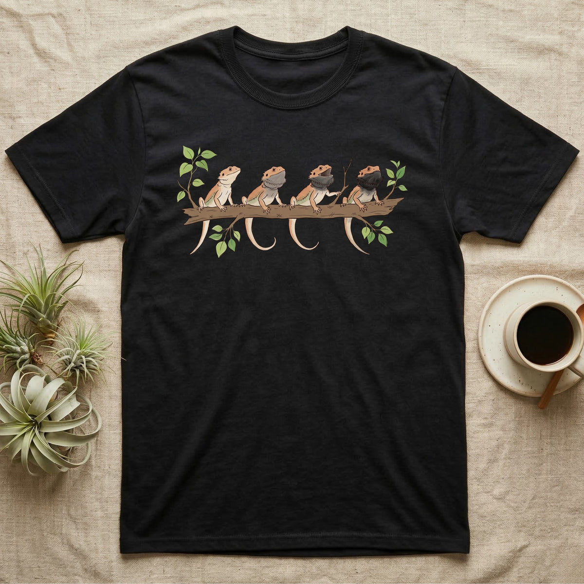Bearded Dragon Beard States T-Shirt in Black — Watercolour illustration of four bearded dragons on a branch, each with a different beard and mouth state.
