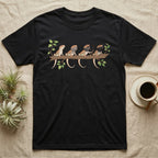 Bearded Dragon Beard States T-Shirt in Black — Watercolour illustration of four bearded dragons on a branch, each with a different beard and mouth state.