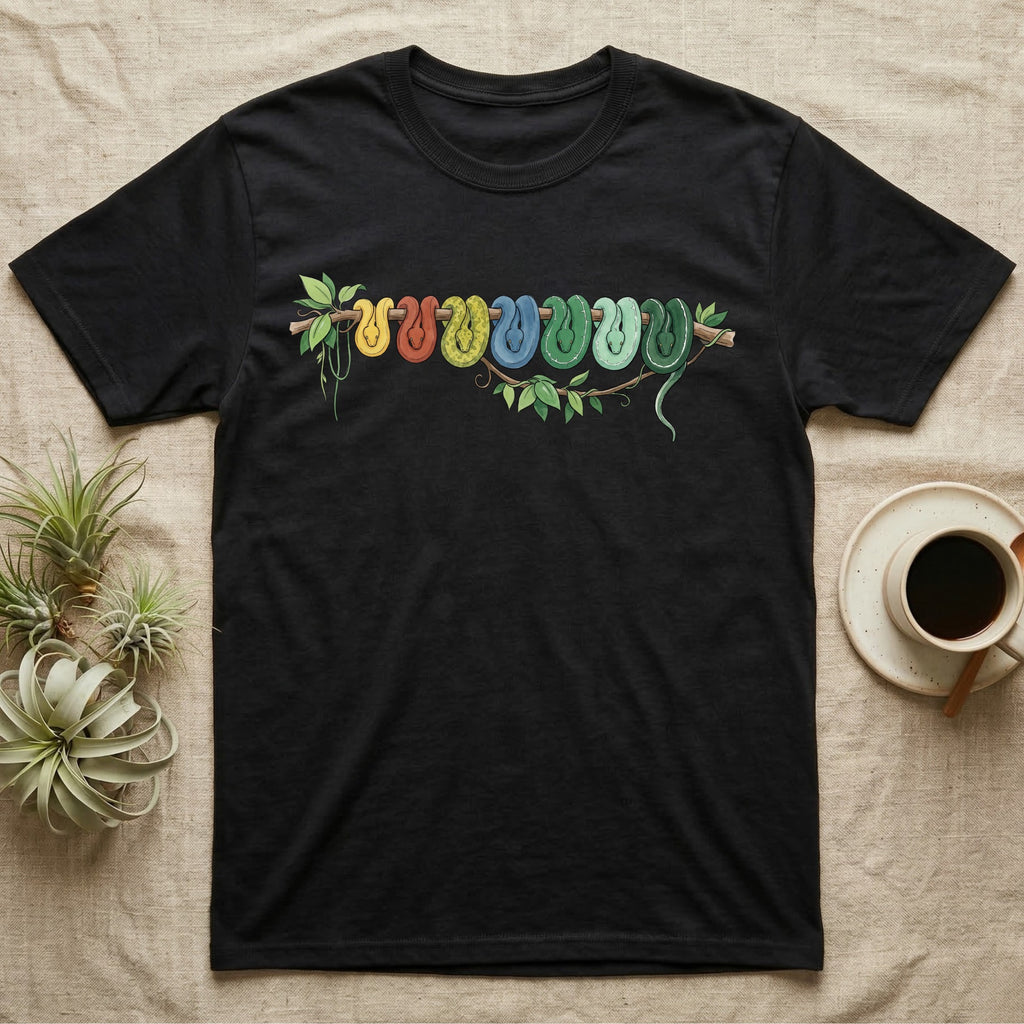Green Tree Python Canopy Crew T-Shirt in Black — Watercolor illustration of a green tree python in seven real colour-change stages coiled on a branch, dark grey T-shirt design.
