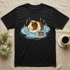Black t-shirt featuring a guinea pig relaxing in a hot spring.
