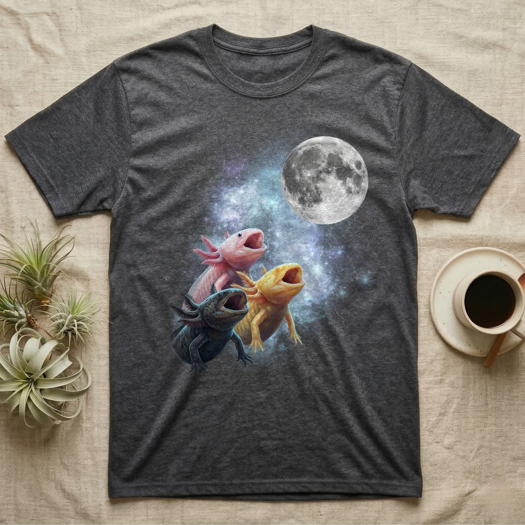 Axolotl Moon Howl T-Shirt in Dark Heather — Three Axolotl colour morphs howling at a full moon over a nebula on a dark grey t-shirt.