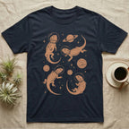 Bearded Dragon Cosmic T-Shirt in Navy — Vintage screen-print illustration of bearded dragons in astronaut helmets floating in space, warm copper monochromatic on dark background.