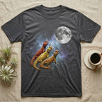 Uromastyx Moon Howl T-Shirt in Dark Heather — Three Uromastyx colour morphs howling at a full moon over a nebula on a dark grey t-shirt.