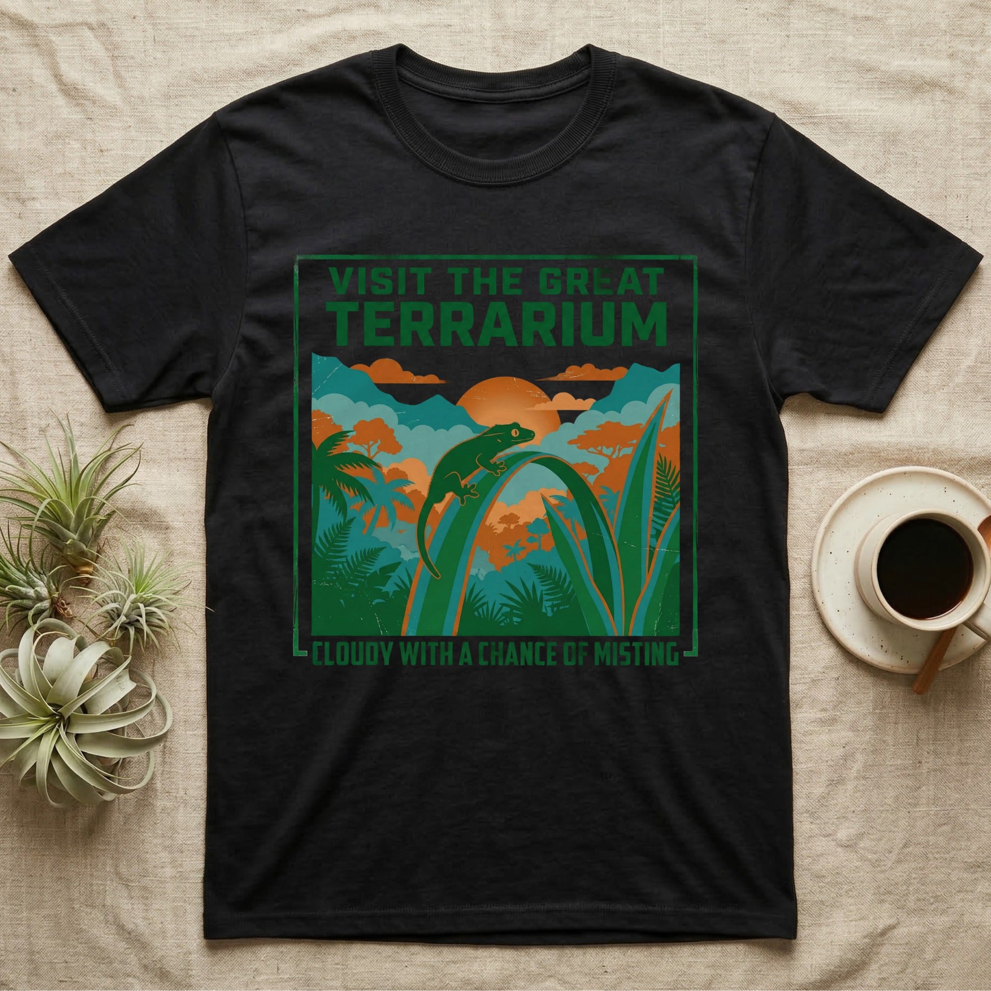 Black t-shirt with "Visit the Terrarium" and "Cloudy with a Chance of Misting" text.
