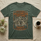Ball Python Shed Costume T-Shirt in Military Green — Distressed framed graphic of a ball python tangled in shed skin, "Official Halloween Costume: Ghost, Stuck in Shed."
