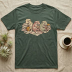 Gecko Book Club T-Shirt in Military Green — Warm storybook illustration of three crested geckos in a cozy reading row, each beside a tiny stack of books.