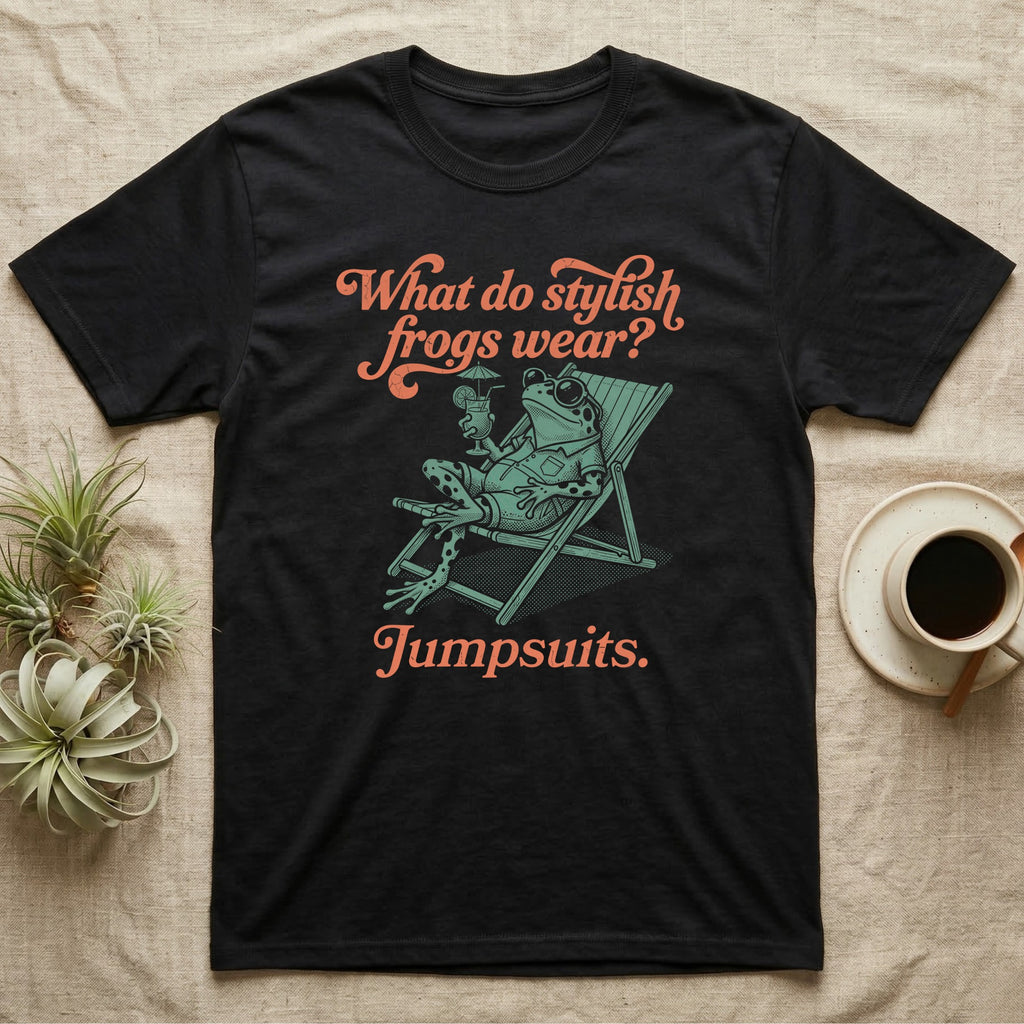 Poison Dart Frog Jumpsuit T-Shirt in Black — Illustrated green and black poison dart frog reclining in a beach chair with sunglasses and a cocktail, coral script asking what stylish frogs wear, answer jumpsuits.