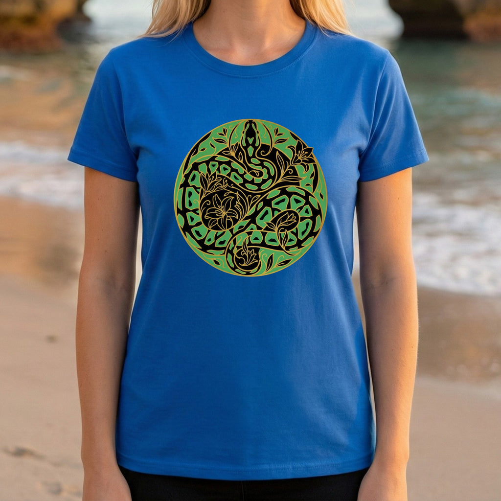 Intricate Floral Snake Design Teal Blue T-Shirt