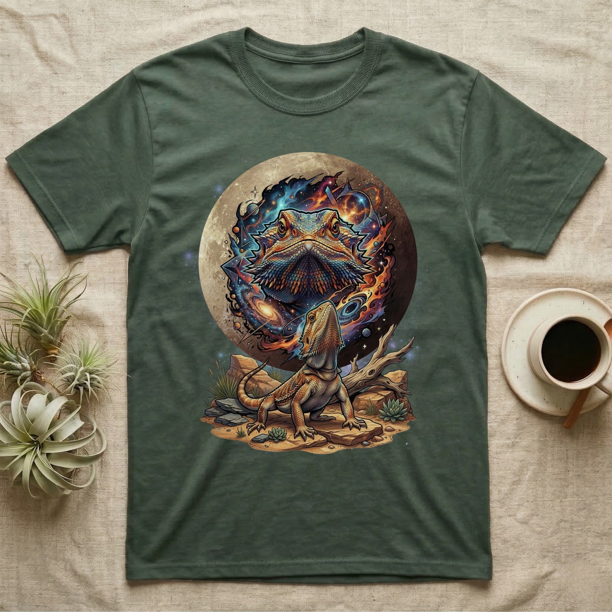 Green t-shirt with a bearded dragon and moon graphic.