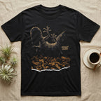 Illustration of a tokay gecko clinging upside-down above a torn wood-chip substrate, heavy stippled shading, text reading Midnight Hunter. — shown on a Black tee.