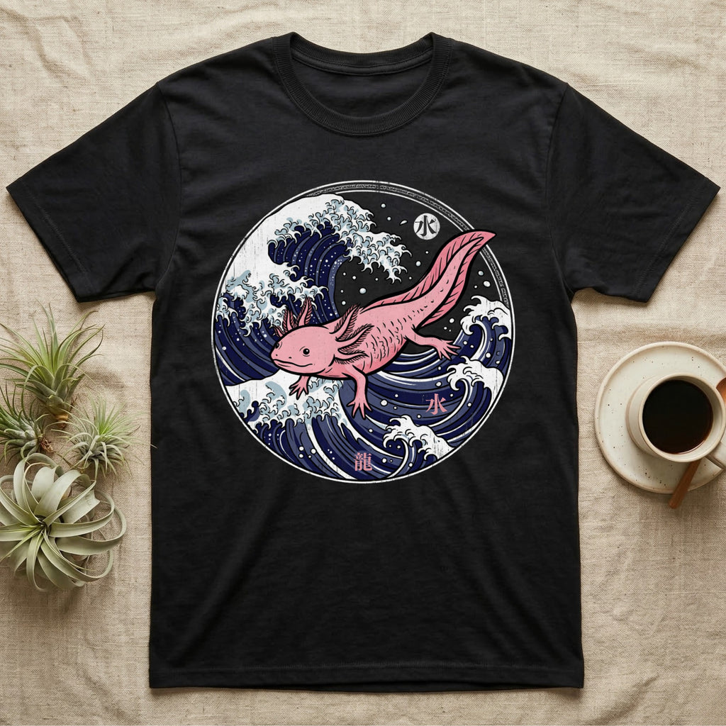 Black t-shirt with pink axolotl amidst stylized ocean waves and Japanese text.