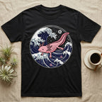 Black t-shirt with pink axolotl amidst stylized ocean waves and Japanese text.