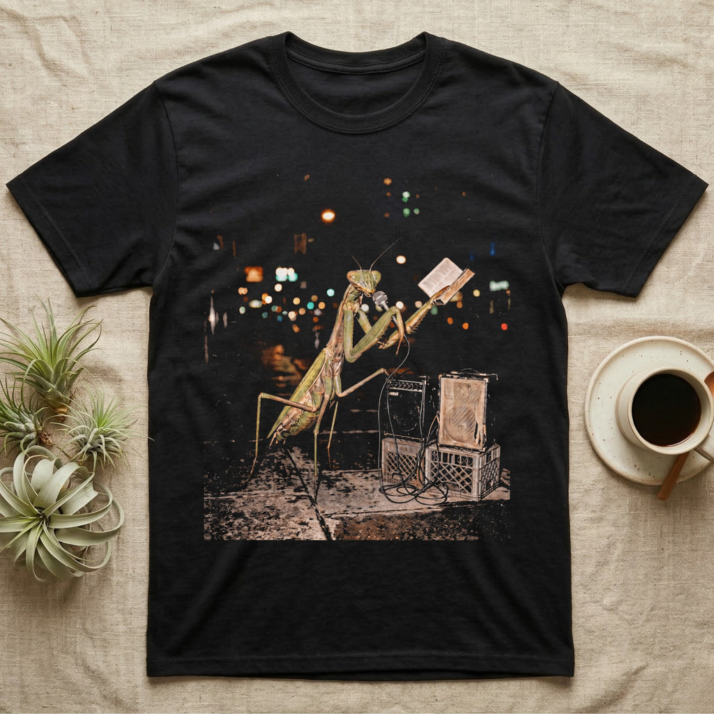 Praying Mantis Preacher T-Shirt in Black — Praying mantis as a night street preacher holding an open book and vintage microphone by milk-crate speakers in gritty halftone.