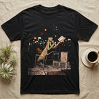 Praying Mantis Preacher T-Shirt in Black — Praying mantis as a night street preacher holding an open book and vintage microphone by milk-crate speakers in gritty halftone.
