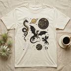 Cream t-shirt with black dragon and planet celestial graphic design.