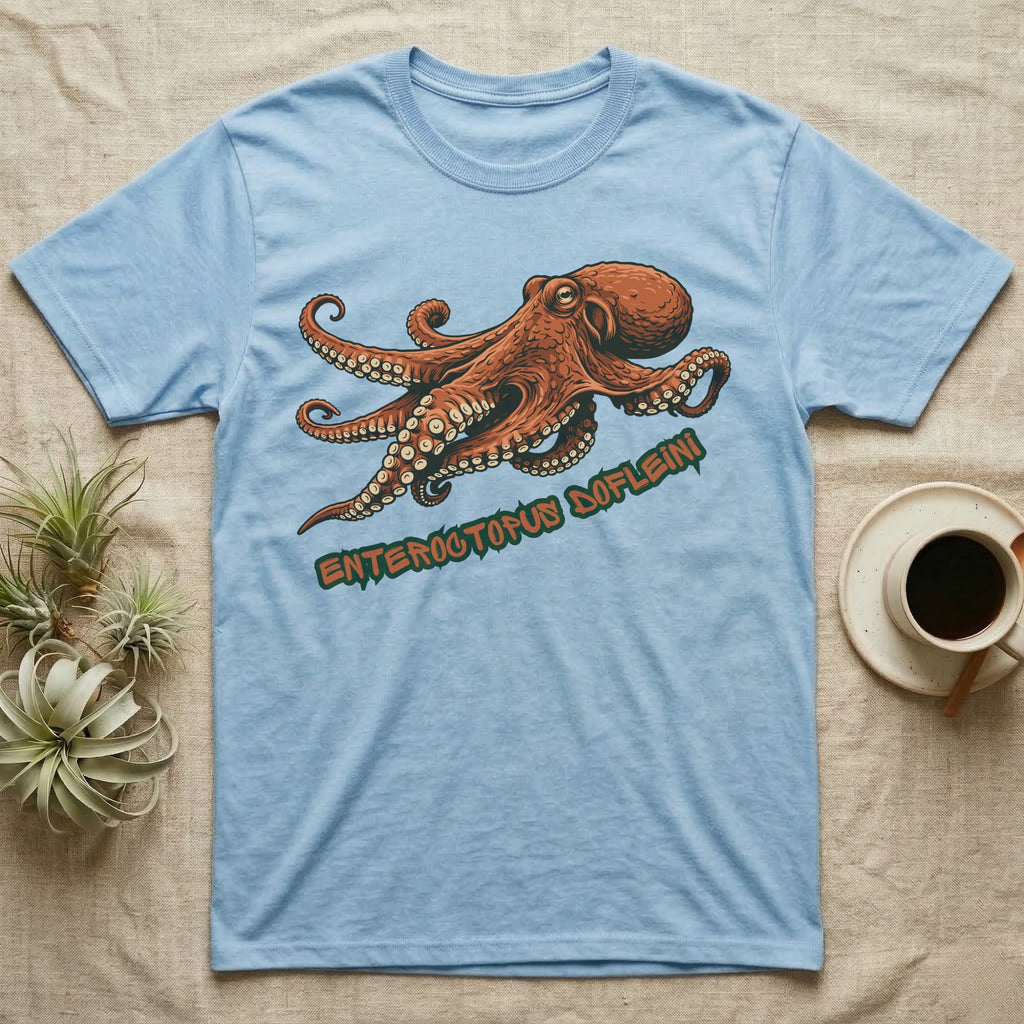Light blue t-shirt with large orange octopus graphic and "Enteroctopus Dofleini" text.