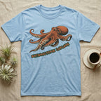 Light blue t-shirt with large orange octopus graphic and "Enteroctopus Dofleini" text.