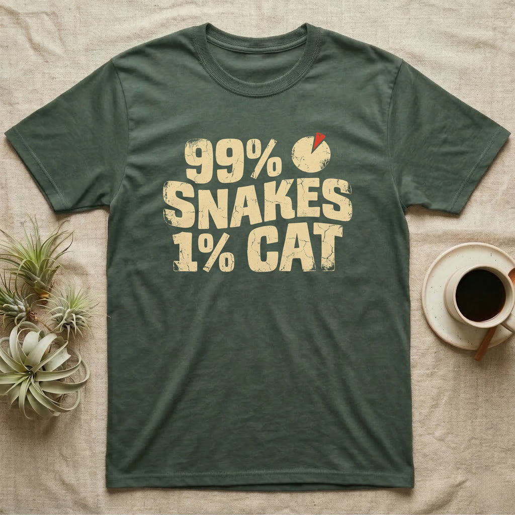 99% Snakes Keeper T-Shirt in Military Green — Distressed-block wordmark reading 99 percent snakes 1 percent cat with a small pie-chart accent glyph.