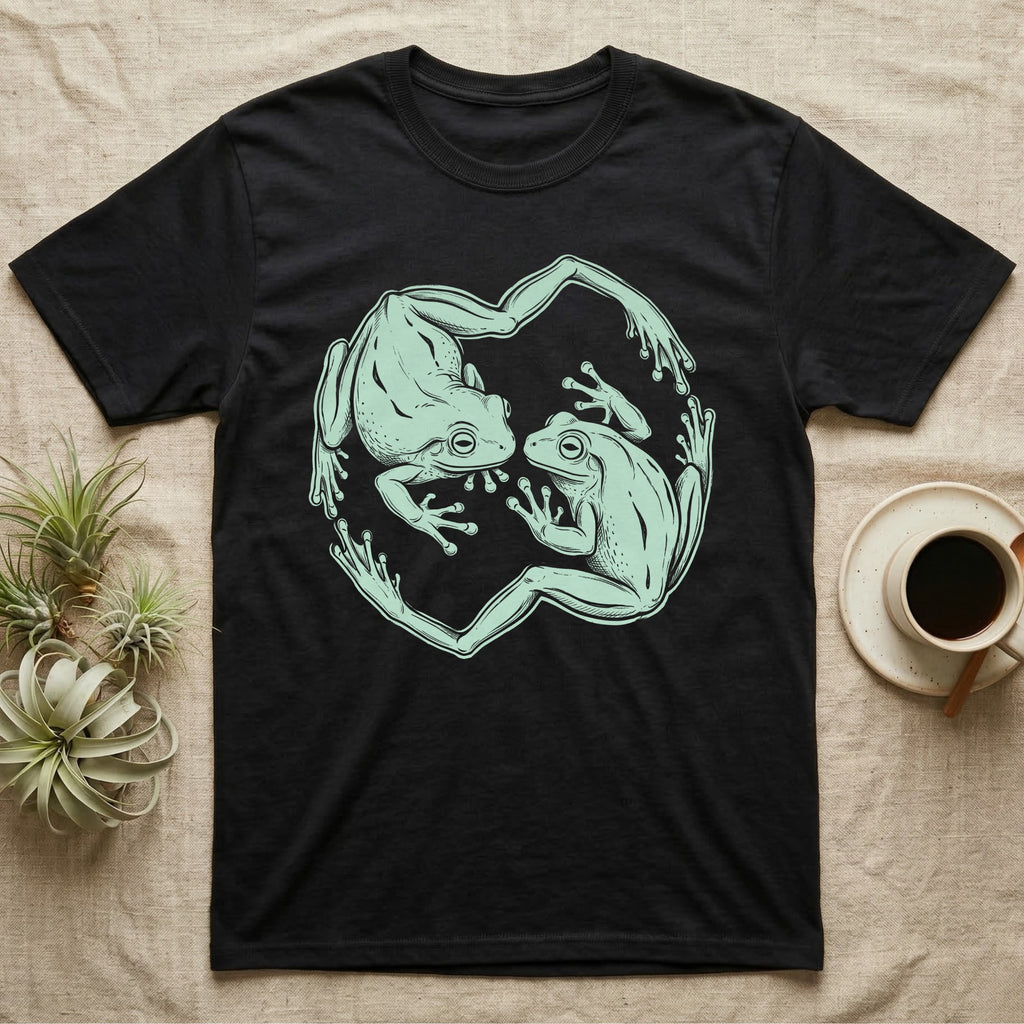 White's Tree Frog Roundel T-Shirt in Black — Brush line art of two White's tree frogs facing each other, bodies curving into a circle, on grey