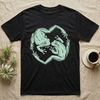 White's Tree Frog Roundel T-Shirt in Black — Brush line art of two White's tree frogs facing each other, bodies curving into a circle, on grey