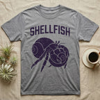 Hermit Crab Shellfish T-Shirt in Sport Grey — Worn purple one-ink print of a hermit crab hugging a big spare shell to its chest under the word Shellfish