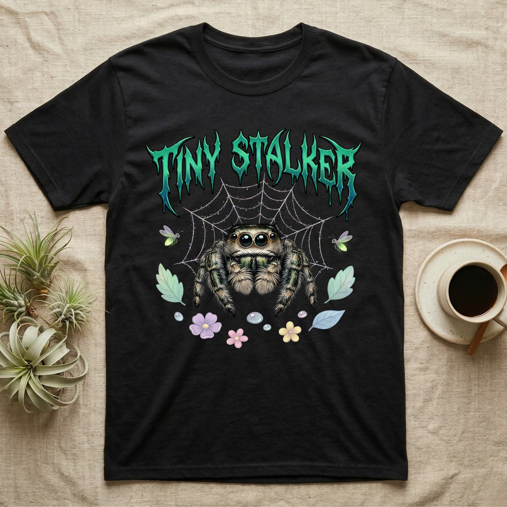 Regal Jumping Spider Feral T-Shirt in Black — Fuzzy jumping spider with huge eyes in a pastel garden under a spiky iridescent-teal metal wordmark reading TINY STALKER.