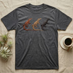 Ackie Monitor Triptych T-Shirt in Dark Heather — Three ackie monitors in a row, painted in thick impasto — red, yellow and dark island forms with pale ocelli.