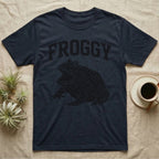 Pacman Frog Froggy T-Shirt in Navy — Worn one-ink print of a round pacman frog puffed up with its mouth gaped wide, under the arched word FROGGY