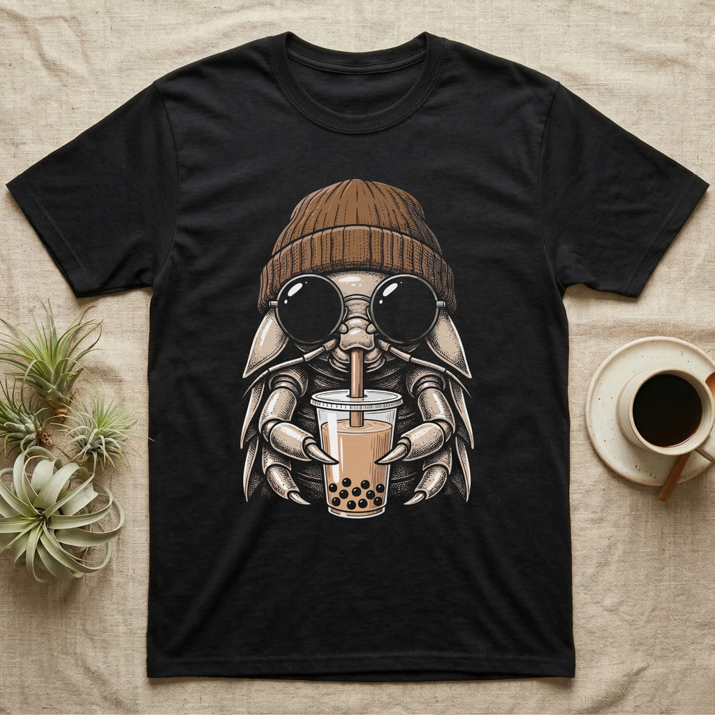 Isopod Boba Tea T-Shirt in Black — Cross-hatch engraving of an isopod in a beanie and round glasses holding boba milk tea.