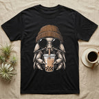 Isopod Boba Tea T-Shirt in Black — Cross-hatch engraving of an isopod in a beanie and round glasses holding boba milk tea.