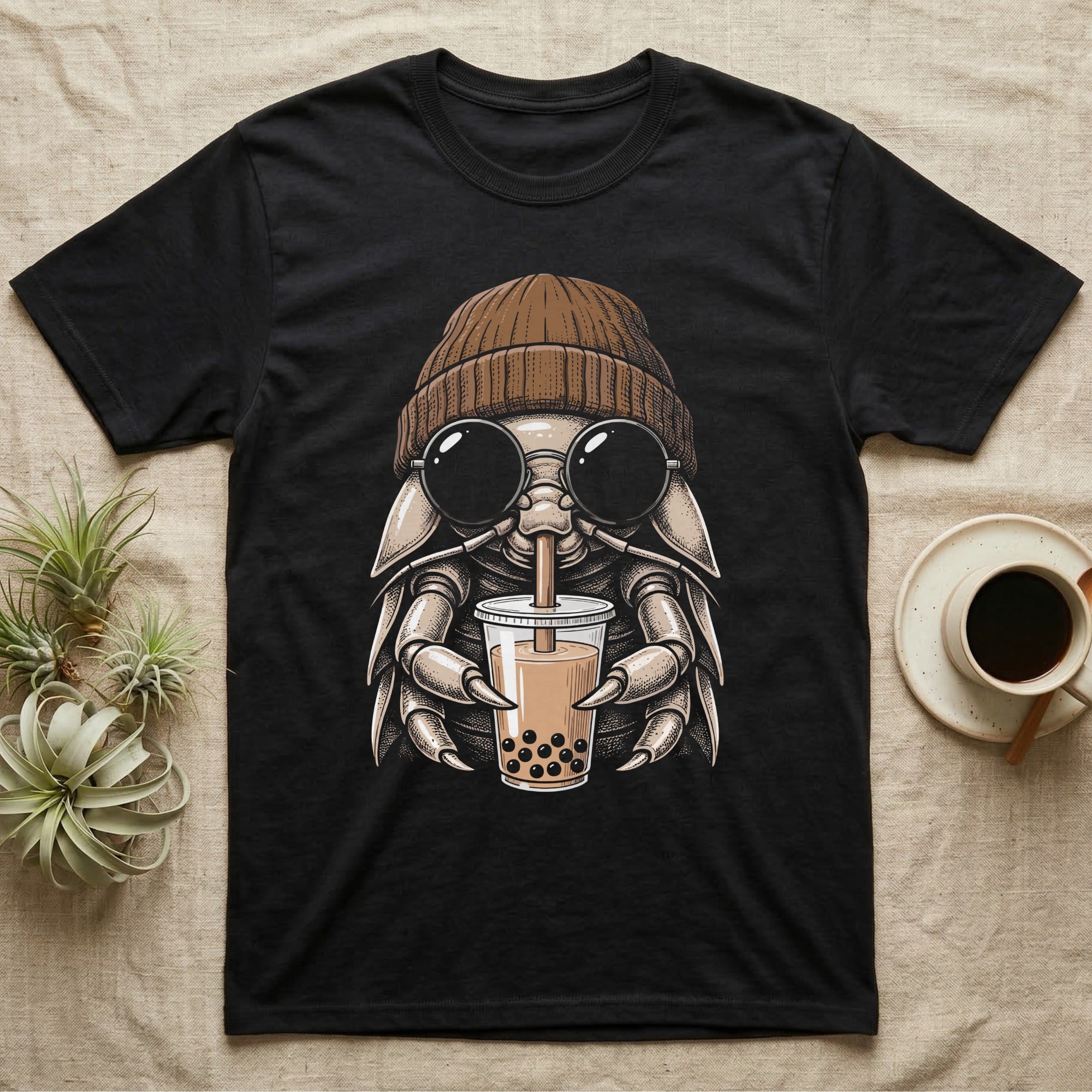 Isopod Boba Tea T-Shirt in Black — Cross-hatch engraving of an isopod in a beanie and round glasses holding boba milk tea.
