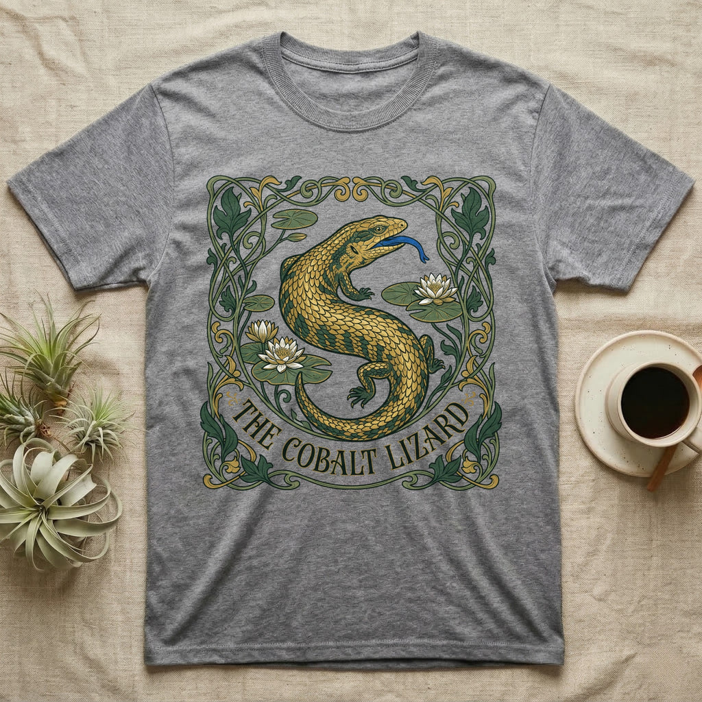 Grey t-shirt with a gold lizard and lotus flowers in an art nouveau design.