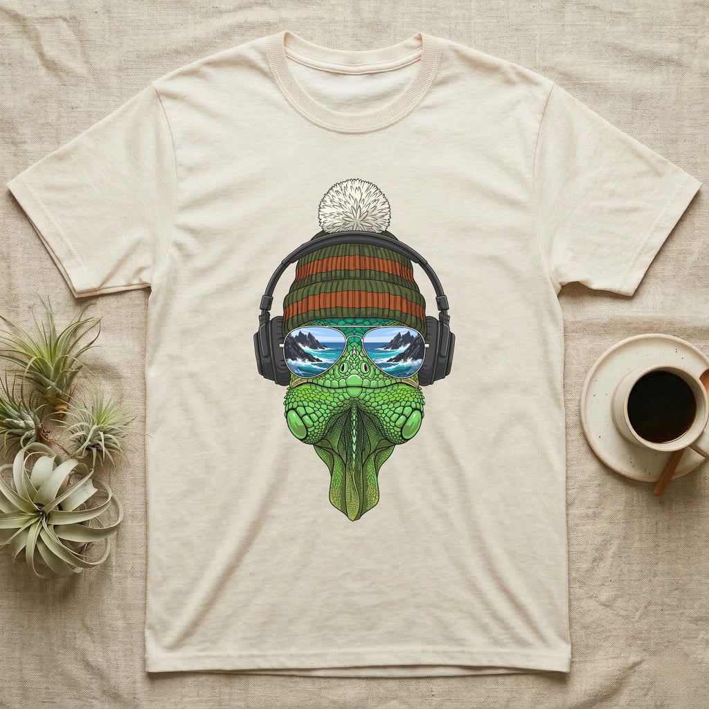 Beige t-shirt with a cool lizard wearing a beanie, sunglasses, and headphones.