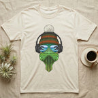 Beige t-shirt with a cool lizard wearing a beanie, sunglasses, and headphones.