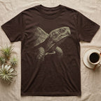 Box Turtle Portrait T-Shirt in Dark Chocolate — Single-ink eastern box turtle portrait in near-profile, lit hard from one side and dissolving into black.