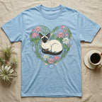 Light blue t-shirt featuring a Siamese cat within a floral heart design.