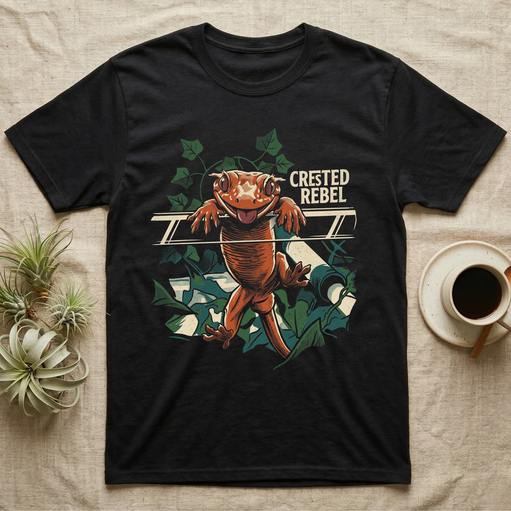 Illustration of a crested gecko hanging tongue-out over a rail among ivy leaves, bold distressed lettering reading Crested Rebel. — shown on a Black tee.
