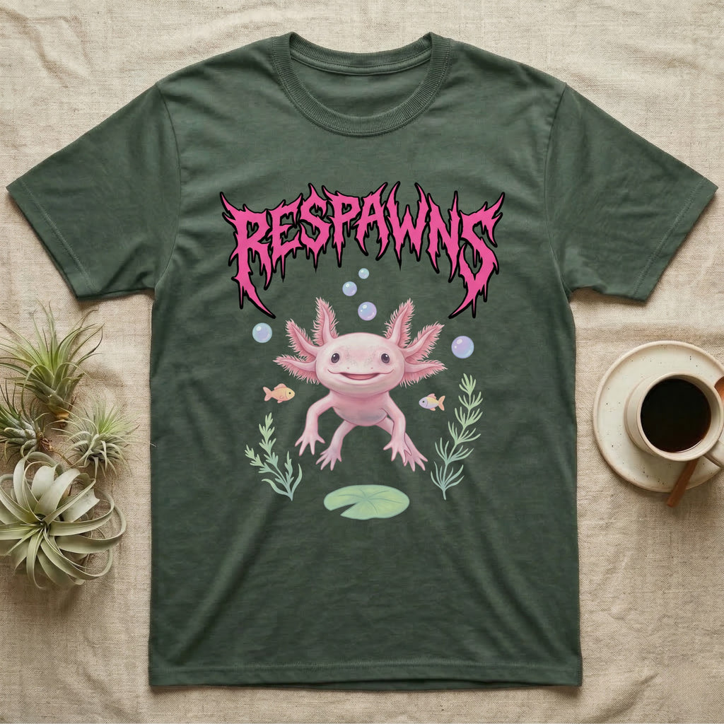 Axolotl Feral T-Shirt in Military Green — Smiling pink axolotl floating in a pastel underwater scene under a spiky hot-pink metal wordmark reading RESPAWNS.