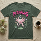 Axolotl Feral T-Shirt in Military Green — Smiling pink axolotl floating in a pastel underwater scene under a spiky hot-pink metal wordmark reading RESPAWNS.