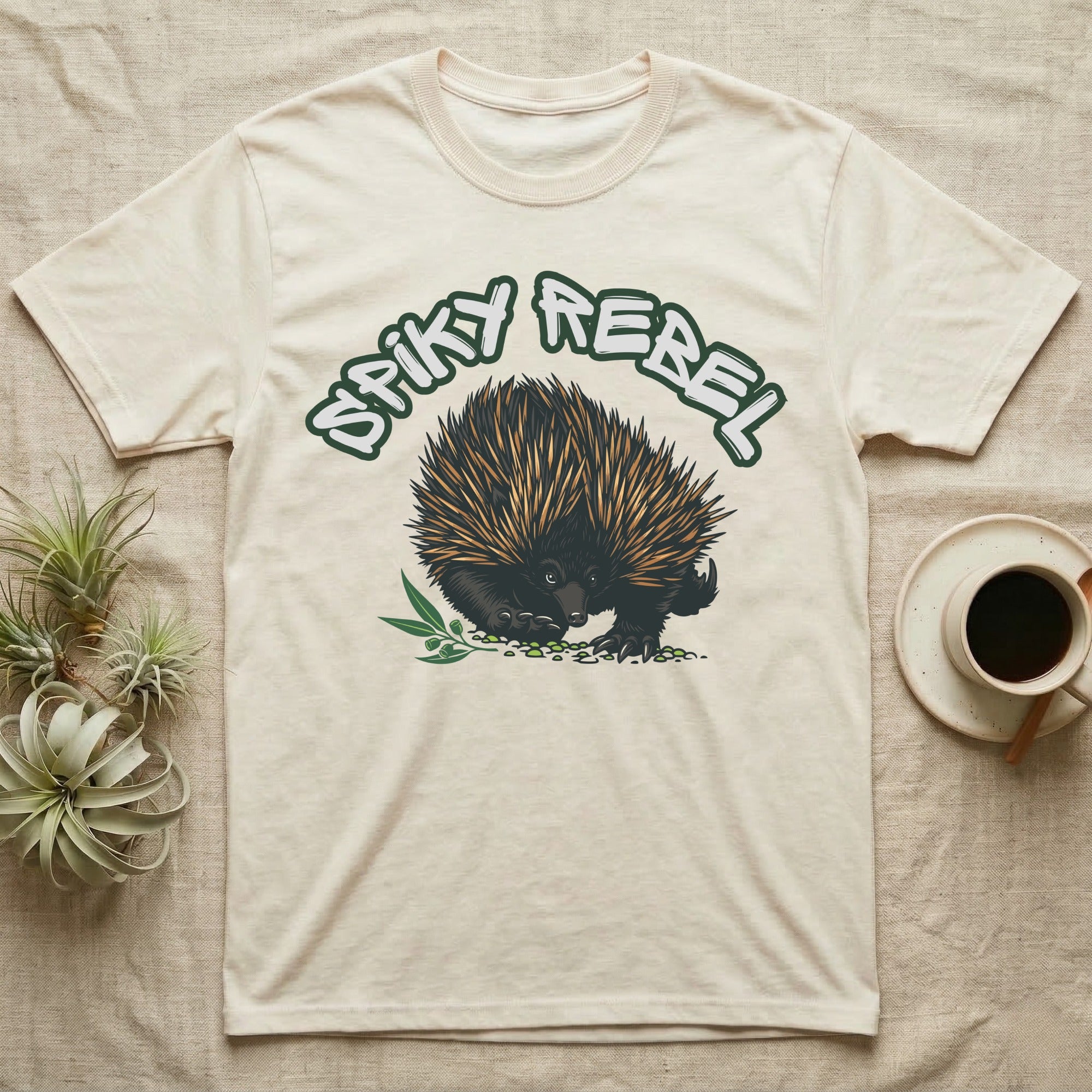 Cream t-shirt with "Spiky Rebel" text and an echidna graphic.