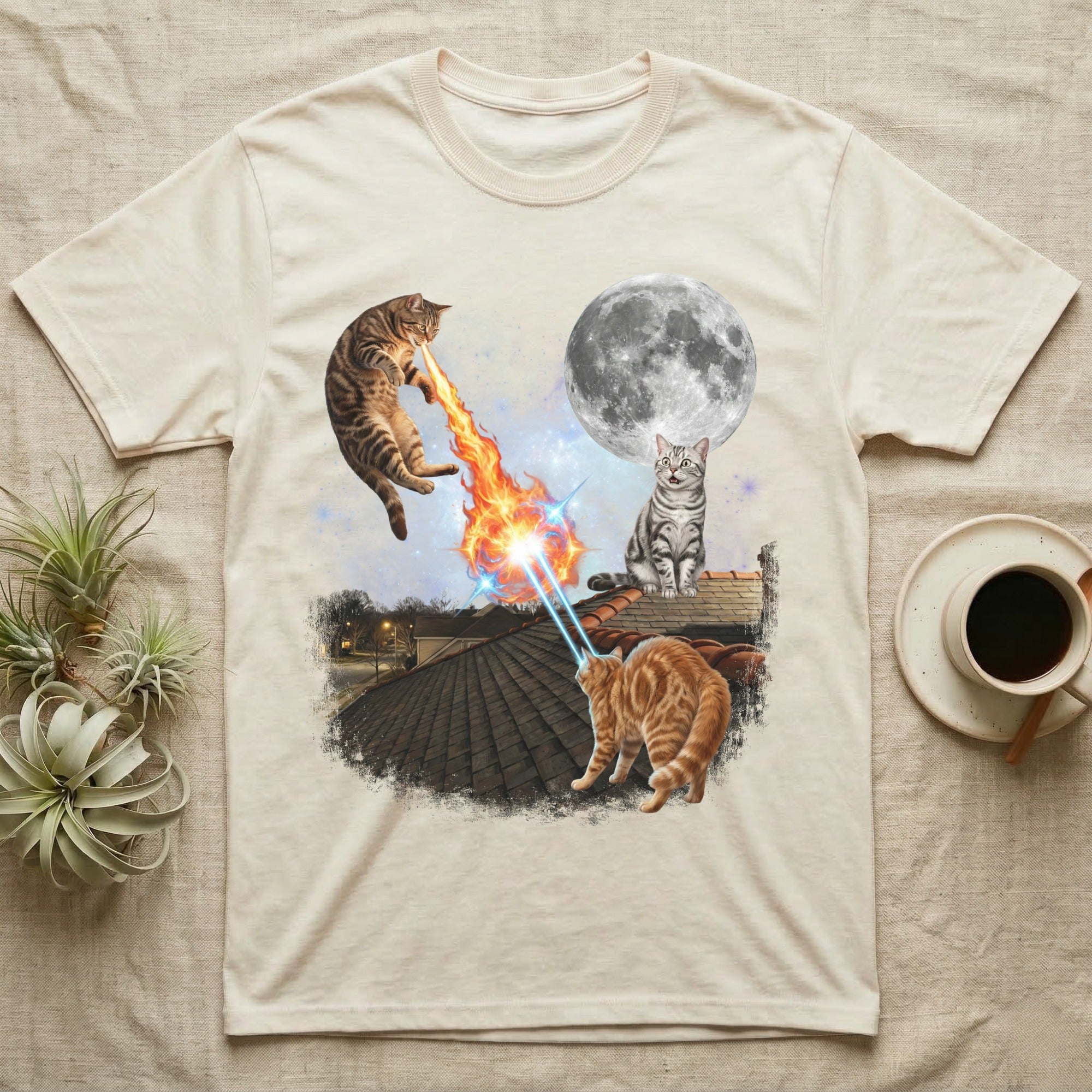 Cats with lasers battle on a rooftop under a full moon.
