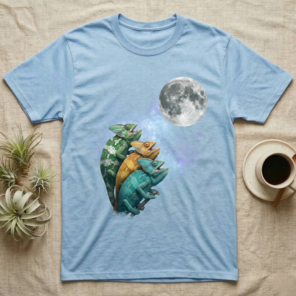 Veiled Chameleon Moon Howl T-Shirt in Light Blue — Three Veiled Chameleon colour morphs howling at a full moon over a nebula on a dark grey t-shirt.