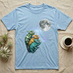 Veiled Chameleon Moon Howl T-Shirt in Light Blue — Three Veiled Chameleon colour morphs howling at a full moon over a nebula on a dark grey t-shirt.