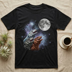 Tegu Moon Howl T-Shirt in Black — Three Tegu colour morphs howling at a full moon over a nebula on a dark grey t-shirt.