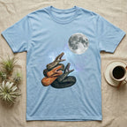 Boa Constrictor Moon Howl T-Shirt in Light Blue — Three Boa Constrictor colour morphs howling at a full moon over a nebula on a dark grey t-shirt.