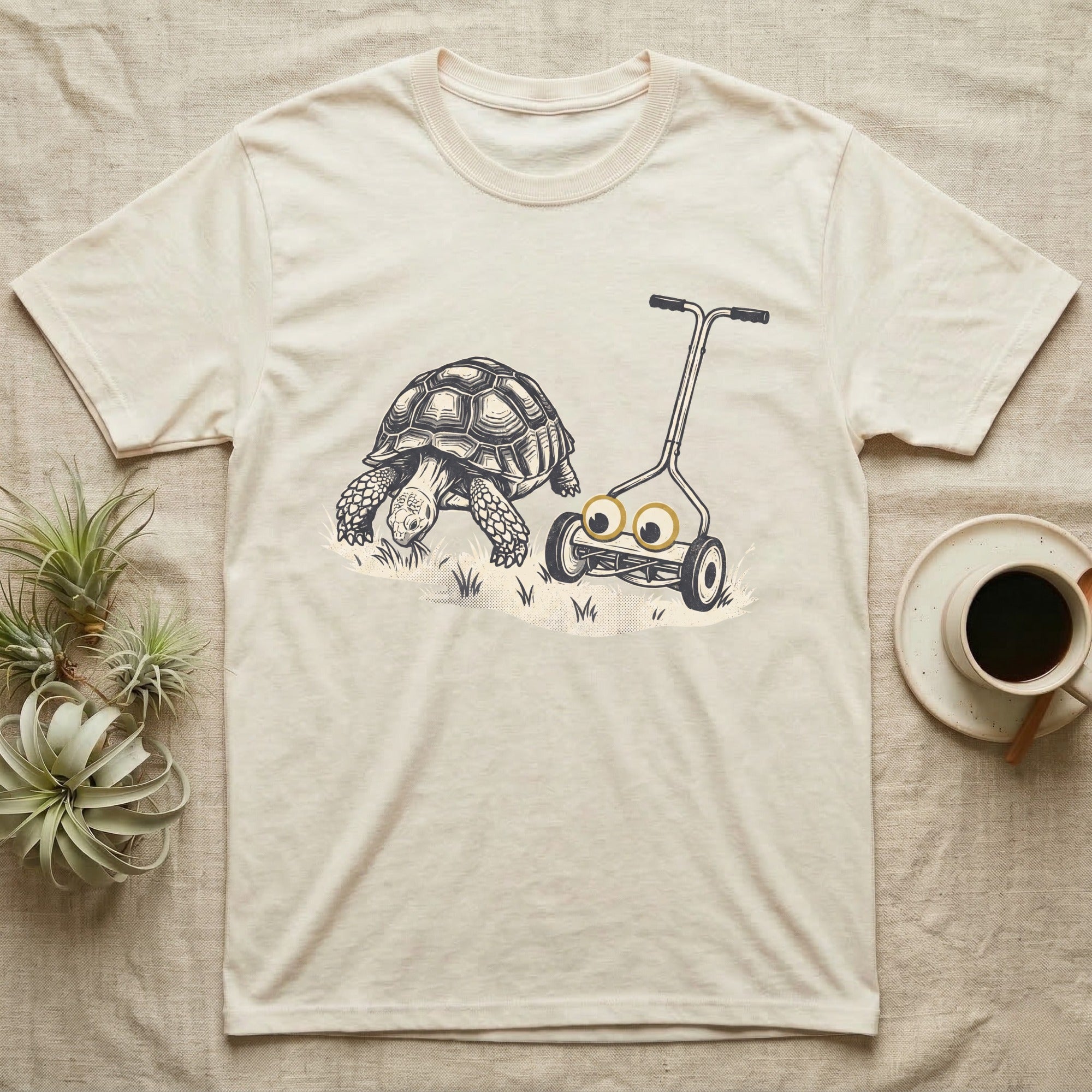 Tortoise Lawnmower Googly T-Shirt in Natural — Linocut illustration of a sulcata tortoise grazing beside a push mower wearing oversized googly eyes.