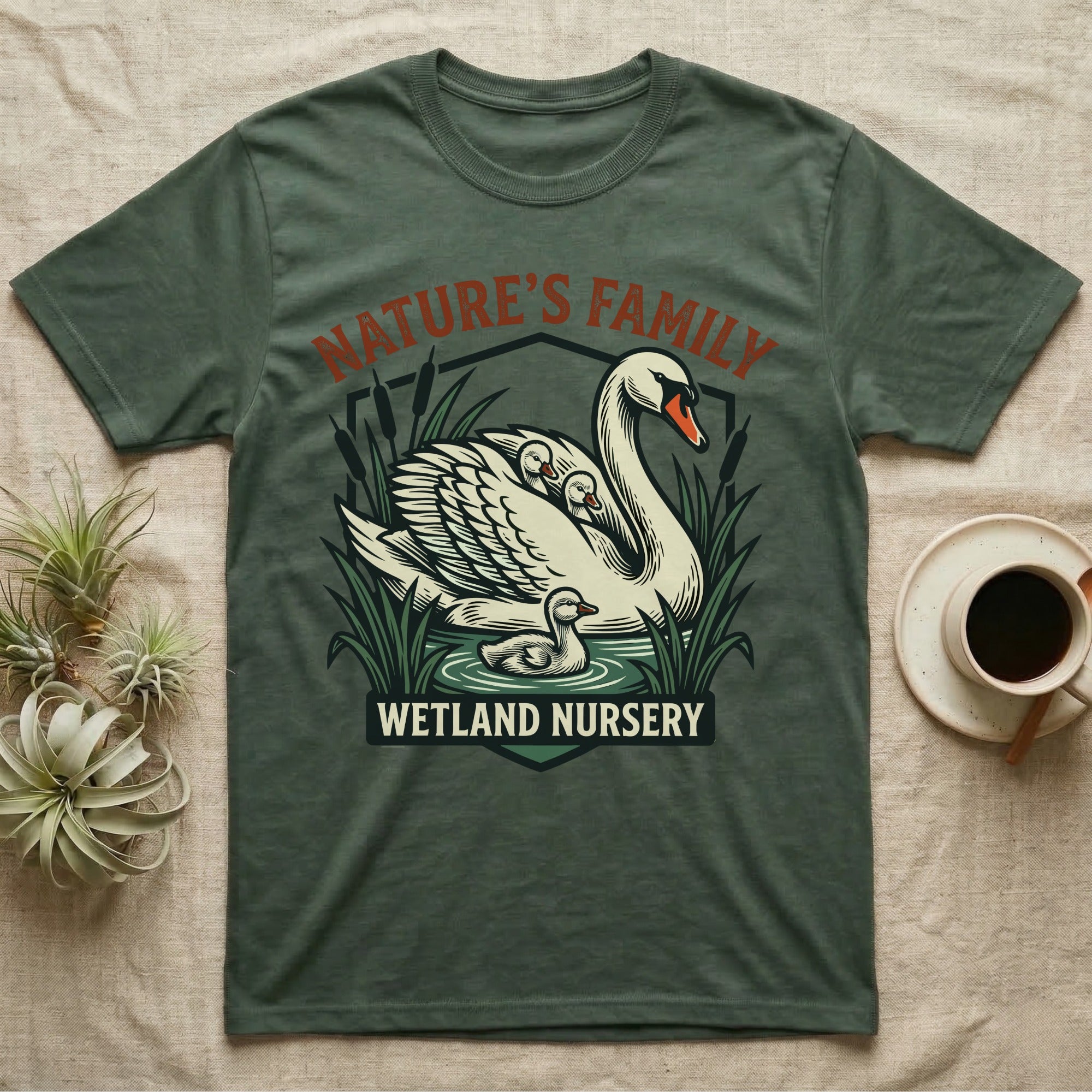 Green t-shirt with "Nature's Family Wetland Nursery" swan and ducklings graphic.