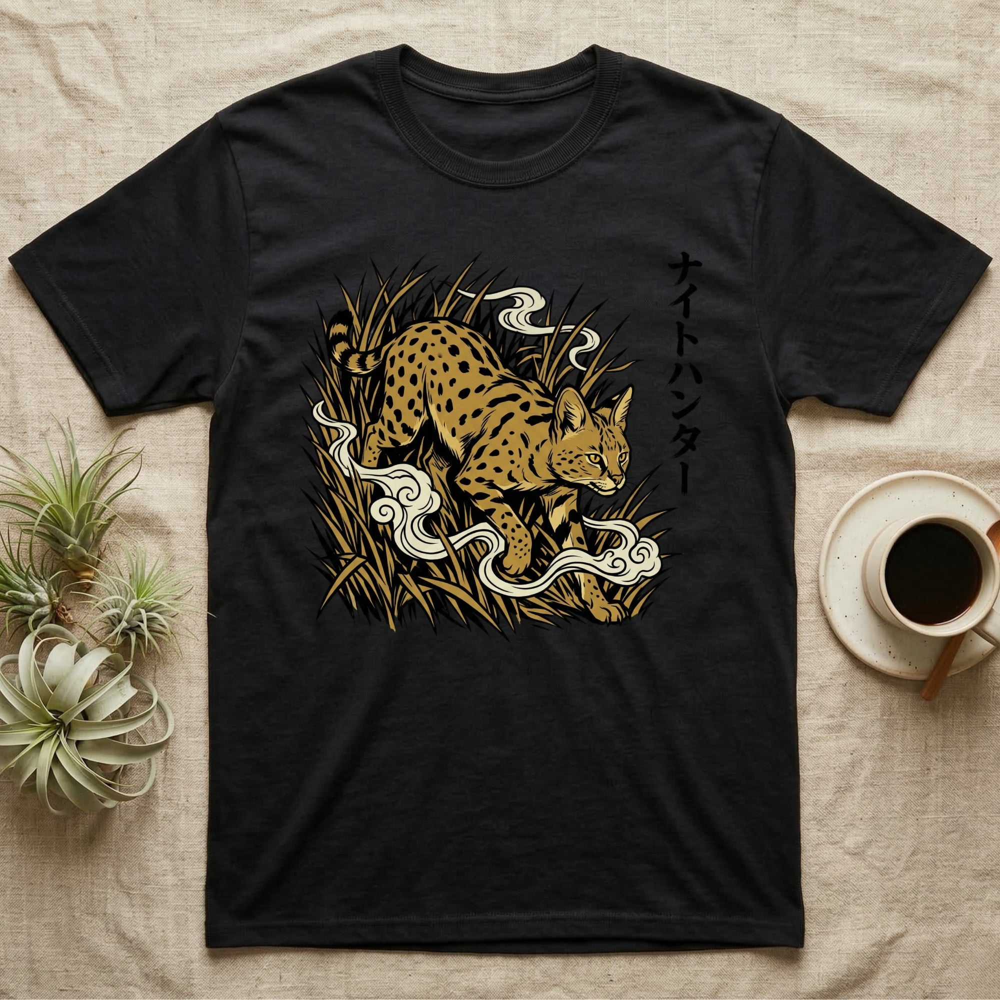 Black t-shirt with a serval cat graphic and Japanese text.